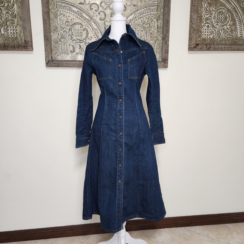 70's Vintage Landlubber Denim Duster Snap Button Dress Sz7 USA Western Boho Chic - Picture 2 of 15